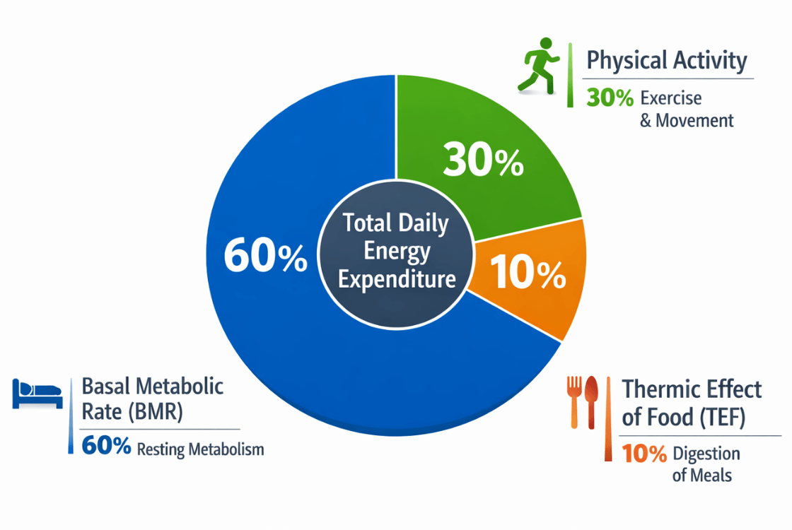 Pie chart showing the components of total daily energy expenditure, including basal metabolic rate, physical activity, and thermic effect of food