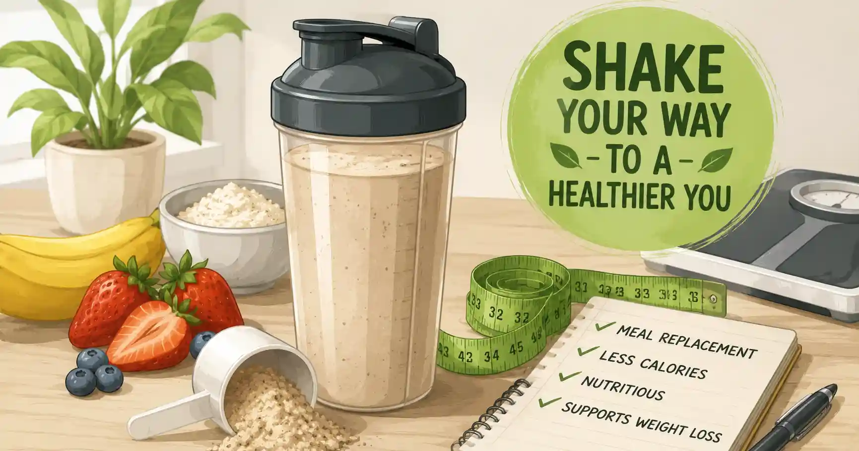 Homemade meal replacement shakes for weight loss in glasses on a kitchen counter